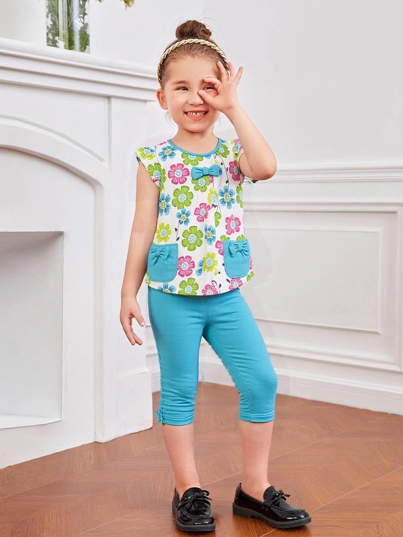 Frogwill Little Girls 2 Pieces Playwear Set with Bow and Applique (4T, Floral) - Image 5